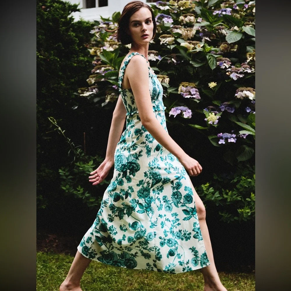 Zara linen blend floral print dress green floral small New with tags - Picture 1 of 5